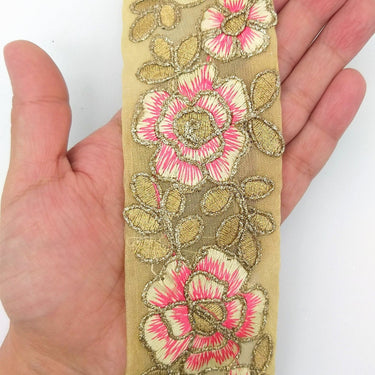 Pink and Gold Floral Embroidery Trimming, Embroidered Roses Flowers Trim, Sheer Fabric Lace